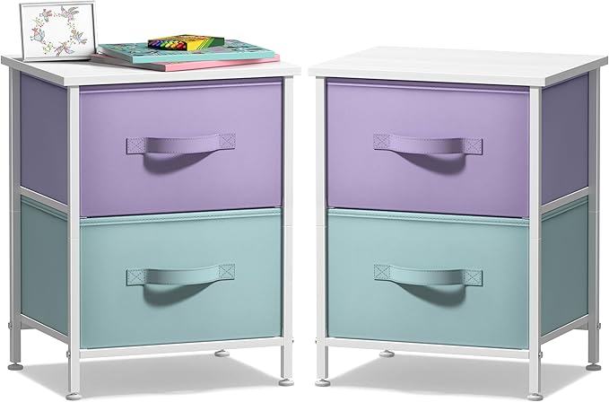 Sorbus Nightstand with 2 Drawers - Kids Bedside Furniture End Table Night Stand - Steel Frame, Wood Top & Easy Pull Fabric Bins - Dresser & Chest for Home, Bedroom Accessories, Office & Dorm (2 Pack)