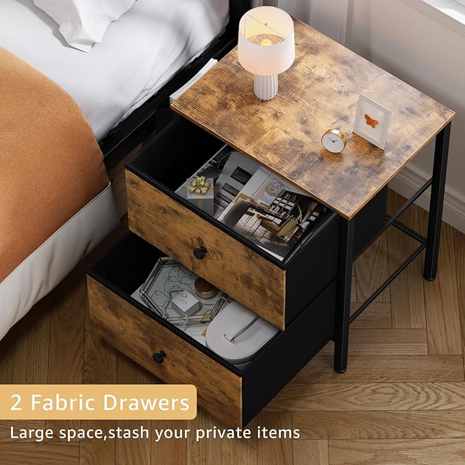 BOLUO Night Stand with Drawers for Bedroom - Small nightstand with Pocket 2 Drawer Dresser End Table Brown