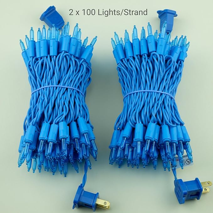 YULETIME 200 Blue LED Christmas Lights with Blue Wire, Pack of 2 Strands 33 Feet 100 Lights UL Certified Holiday String Light Set