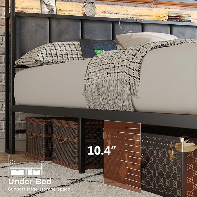 Queen Size Bed Frame with Charging Station and LED Lights, Metal Bed Frame with Headboard, Black Upholstered Headboard with 2-Tier Storage Shelves, Noise Free, No Box Spring Needed