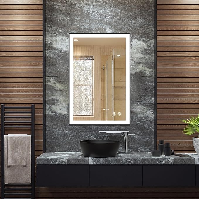 Fab Glass and Mirror LED Lighted Bathroom Mirror 20 x 30 Inch, Black Framed Wall Mounted Dimmable Vanity Mirror, Anti-Fog Touch Sensor, Adjustable Color Warm/White/Natural