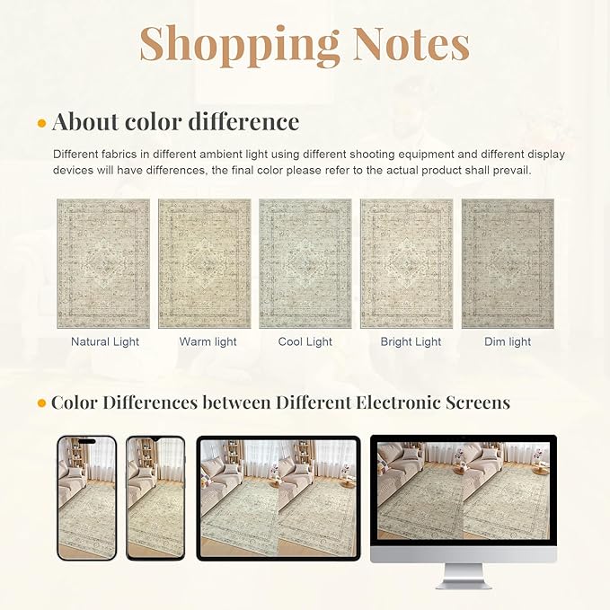 LIVEBOX Washable Area Rug 9x12 Rugs for Living Room Bedroom, Non-Slip Boho Neutral Carpet for Dining Room Office, Low-Pile Farmhouse Soft Carpets for Kids Nursery Room Playroom, Tan