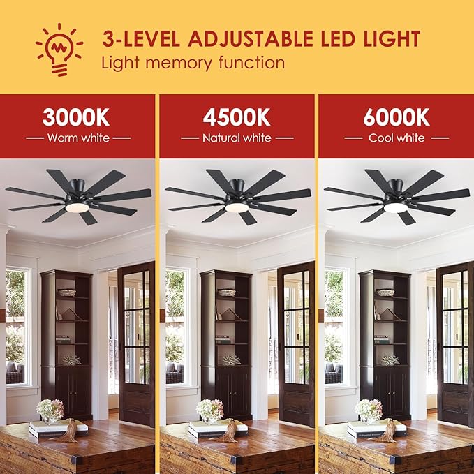 Ceiling Fans with Lights- 52" Low Profile Indoor Ceiling Fan with Light and Remote/APP Control, 8 Blade,Flush Mount, LED Dimmable DC Reversible Modern Ceiling Fan for Bedroom（Black）