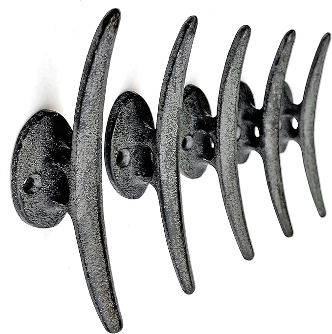 5 Pack Decorative Cast Iron Heavy Duty Double Hooks, Wall Mounted Coat Hooks, Vintage Inspired (Antique Black) (Mooring Type)