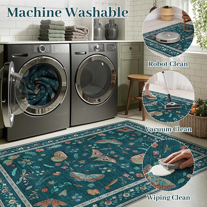 6x9 Rugs for Living Room with Insect Print - Bug Rug Non-Silp Stain Resistant Soft Carpet for Bedroom, Low Pile Ultra-Thin Machine Washable Carpet for Dining Room, Kids Nursery, Office (6'x9' Teal)