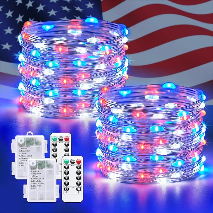 JMEXSUSS 2 Pack Red White and Blue Fairy Lights Battery Operated, Total 200 LED 66ft Battery Powered Twinkle Light with Remote, 8 Modes Red White and Blue String Lights for 4th of July Decorations