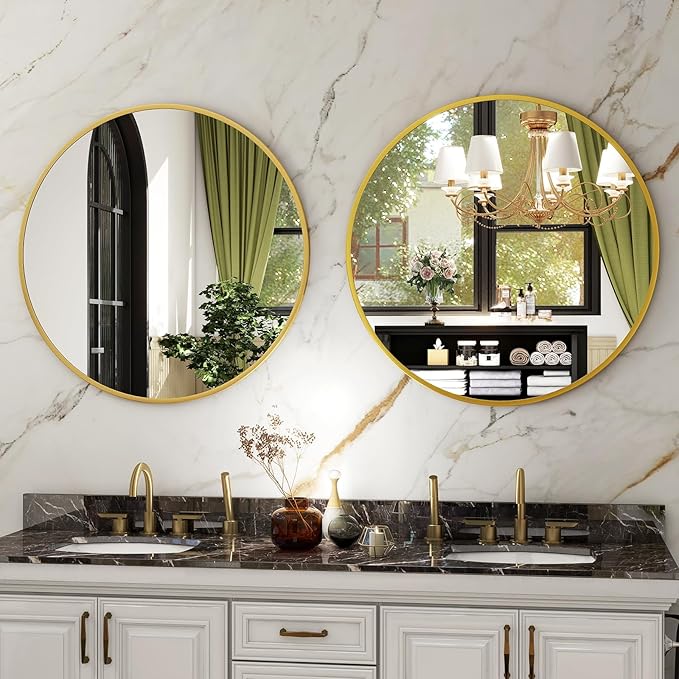 HARRITPURE 24 Inch Round Mirror, Gold Circle Bathroom Mirror, Modern Aluminum Alloy Frame Wall Mounted Vanity Mirror for Living Room, Bedroom, Entryway