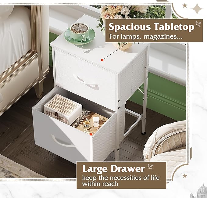 WLIVE White Nightstand, Night Stand with 2 Drawers, Small Dresser for Bedroom, Bedside Furniture, College Dorm, End Table with Fabric Bins, Dormitory, Size L