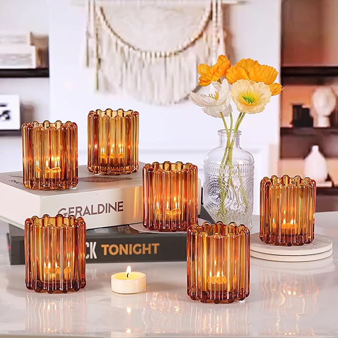 Glass Amber Votive Candle Holder, Ribbed Votive Candle Holders Set of 12, Tealight Candle Holder for Wedding Centerpieces Dinner Party Table Decor