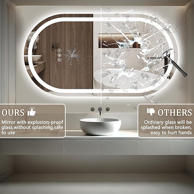 Oval LED Bathroom Mirror 48x30 Inch,Frameless LED Oval Bathroom Mirror with Lights,Anti-Fog Mirror for Bathroom Wall with Light,Dimmable 3 Color Vanity Mirror with Light(Horizontal/Vertical)