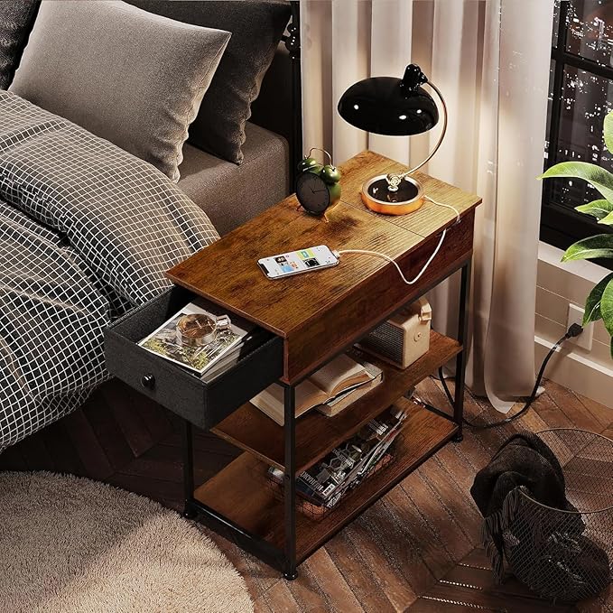 WLIVE Narrow Side Table with Charging Station, Couch Side Table for Living Room, Narrow End Table for Bedroom with Fabric Drawer, USB Ports and Power Outlets, Samll Nightstand Tables, Rustic Brown