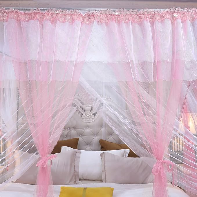 Joyreap Luxury 4 Corners Post Canopy Bed Curtains - Pink & White Cozy Drape Netting - Cute Princess Bedroom Decoration Accessories (47" W x 78" L, Twin)