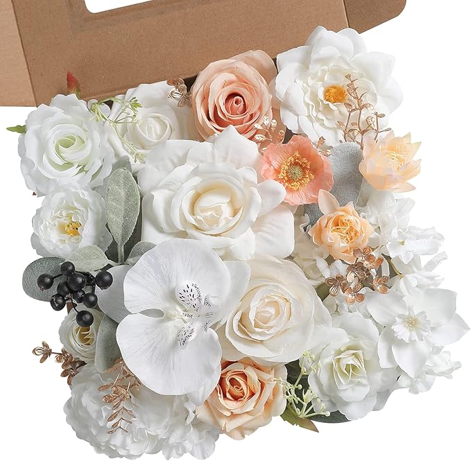 White Artificial Flowers Combo Silk Mix Fake Flowers Leaf for DIY Wedding Bouquets Centerpieces Arrangements Party Baby Shower Home Decorations