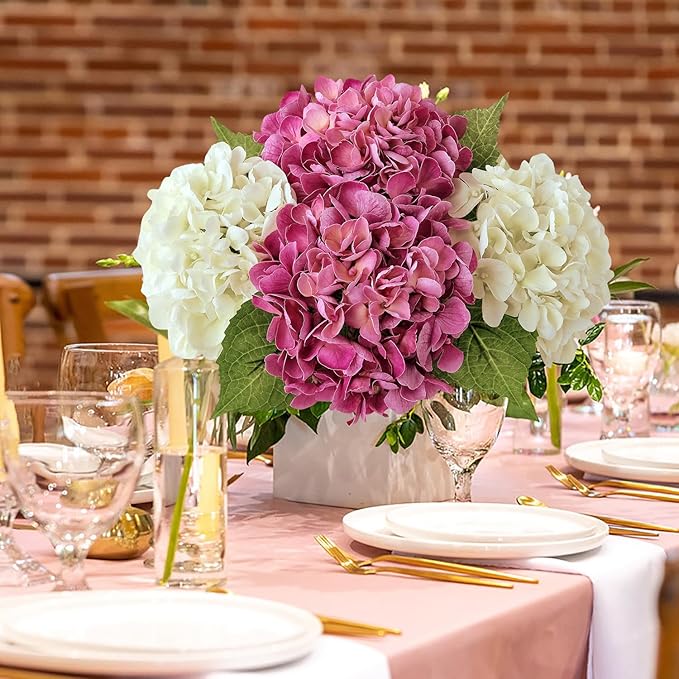Magenta Pink Hydrangea Artificial Flowers, 4Pcs 21” Latex Real Touch Flowers, Full Faux Silk Flowers Fake Artificial Hydrangeas with Stems for Bouquet Table Centerpieces Wedding Baby Showers