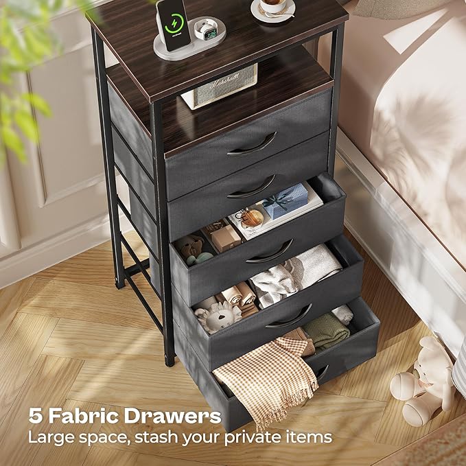 Huuger 5 Drawers Dresser with Charging Station, Dresser for Bedroom, Tall Night Stand, Chest of Drawers with Open Shelf, Bedside Table Nightstand, Fabric, for Entryway, Adult Only, Walnut