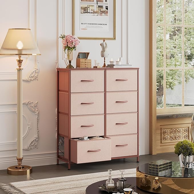 WLIVE Fabric Dresser for Bedroom, Tall Dresser with 8 Drawers, Storage Tower with Fabric Bins, Double Dresser, Chest of Drawers for Closet, Playroom, Dormitory, Pink and Rose Gold