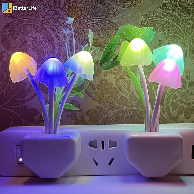 iBetterLife LED Night Light Smart Sensor 0.6W Color Changing Plug-in Night Lights for Kids Adults Cute Mushroom Night Light Bedroom Home Decor Light Wall Lamps NightLight