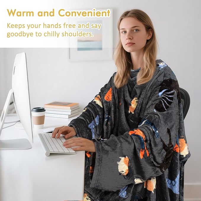 Catalonia Wearable Fleece Blanket with Sleeves and Foot Pockets for Adult Women Men, Micro Plush Comfy Wrap Sleeved Throw Blanket Robe Large, Gray Dog