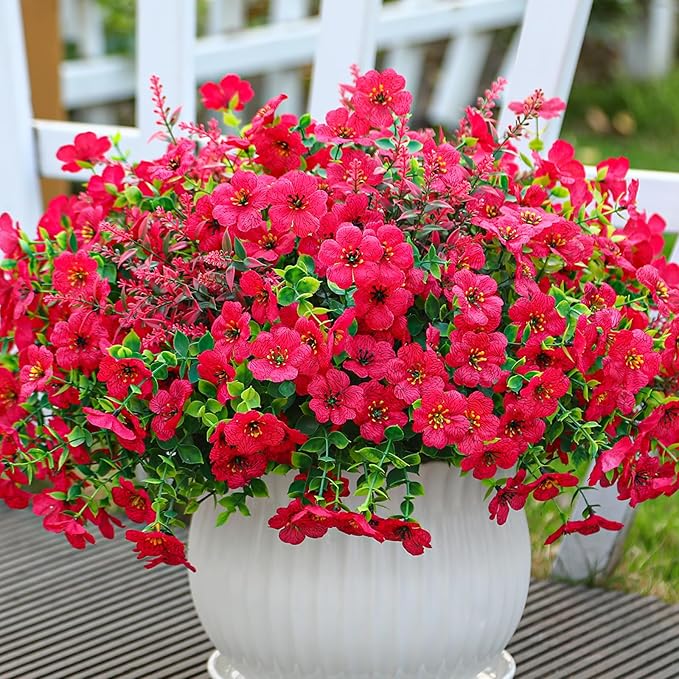 SHareconn 24 Bundles Artificial Flowers for Outdoors Decoration, Faux Plants Fake Silk Colorful Daisy Eucalyptus Lavender, UV Resistant for Outside Home Porch Patio Indoor Spring Decor, Rosered