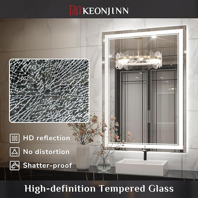 Keonjinn LED Bathroom Mirror, Lighted Vanity Mirror with Lights, 30 x 36 Inch, Dimmable, Anti-Fog, IP54, 6000K, Wall Mounted
