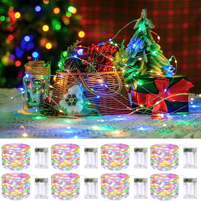 JMEXSUSS 8 Pack 50 LED Multicolor Christmas Fairy Lights Battery Operated - Each 16 Ft Christmas Tree Multicolor Lights Indoor Outdoor Decorations