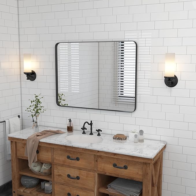 VocalStar Black Bathroom Mirror for Wall, 28 x 40 Inch Rounded Rectangle Metal Framed Bathroom Wall Vanity Mirror Farmhouse, 1/4-inch Shatterproof Glass | Ultra-Flush Hanging
