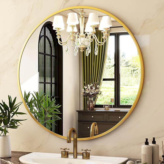 HARRITPURE 24 Inch Round Mirror, Gold Circle Bathroom Mirror, Modern Aluminum Alloy Frame Wall Mounted Vanity Mirror for Living Room, Bedroom, Entryway