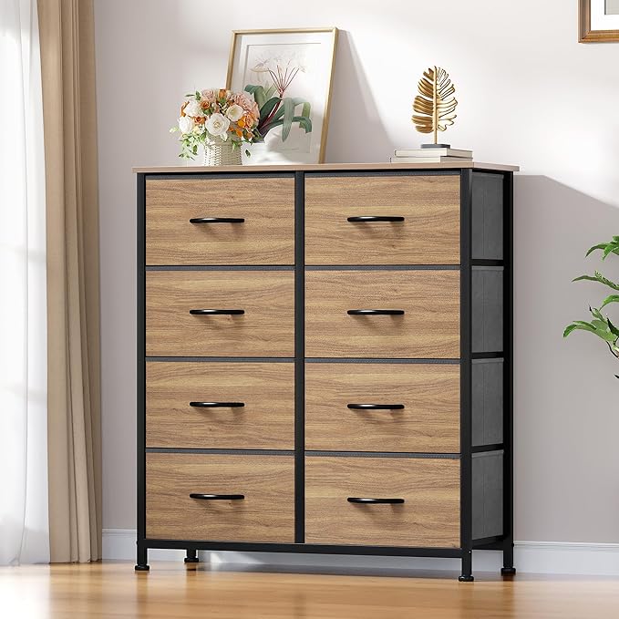 YITAHOME Dresser with 8 Drawers - Fabric Storage Tower, Organizer Unit for Living Room, Hallway, Closets - Sturdy Steel Frame, Wooden Top & Easy Pull Fabric Bins, Burlywood Grain