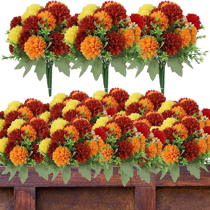 12 Pack with 84 Flower Heads Artificial Chrysanthemum Flowers, Fall Floral Decor for Indoor Outdoor, Porch, Patio, Front Yard, Planters, Thanksgiving