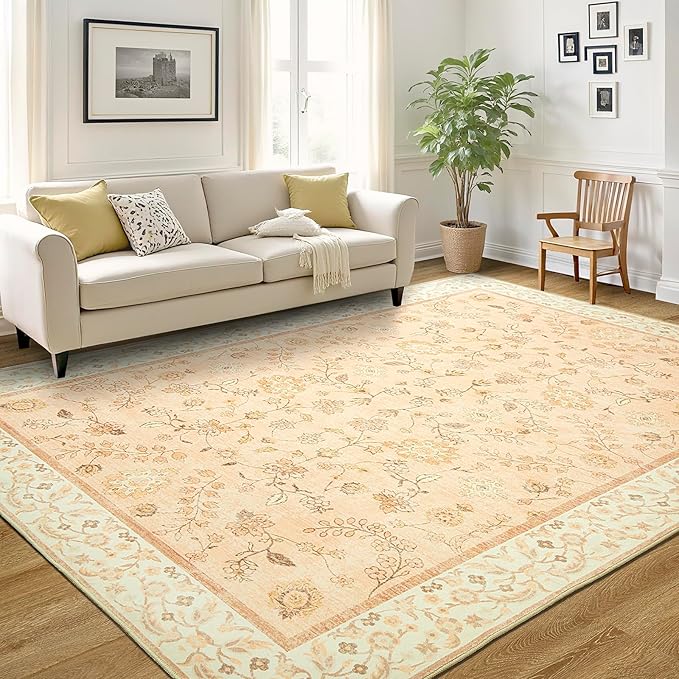 LOCHAS Washable Area Rugs 4x6, Peach Floral Rug for Living Room Bedroom Non Slip, Ultra Soft Vintage Indoor Carpet for Kids, Nursery, Dorm, Dining Room, Classroom, Boho Flower Home Decor, Low-Pile