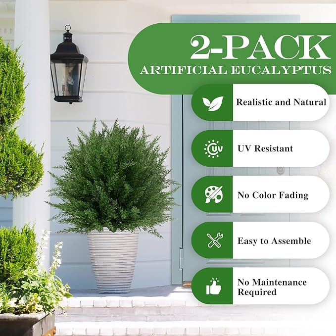 24'' Upgraded Artificial Cedar Topiary Ball Trees with Ground Spike, UV Resistant Fake Bushes, Set of 2 Faux Cypress Fake Plants Faux Shrubs for Outdoor Indoor Front Porch Garden Decor