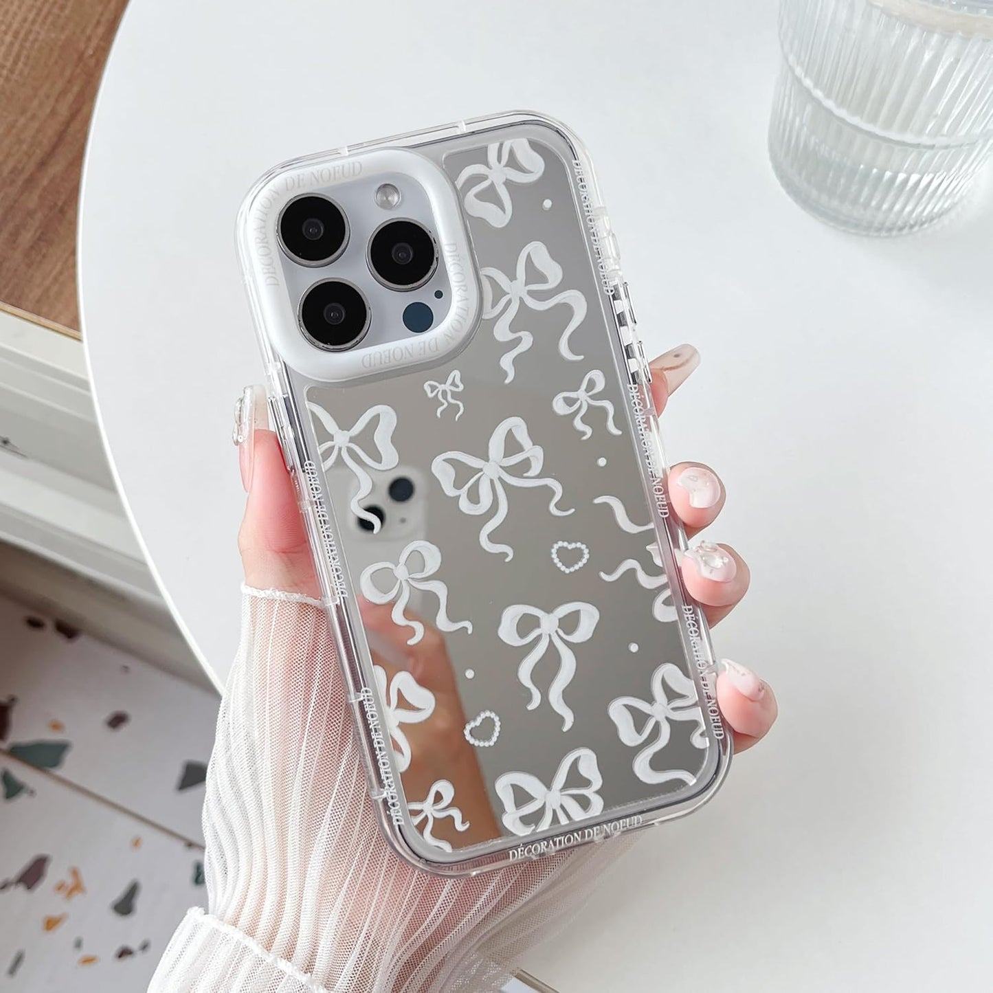 Love Heart Bow Plating Mirror Soft Phone Case Compatible with iPhone 12 Pro Max, Silver