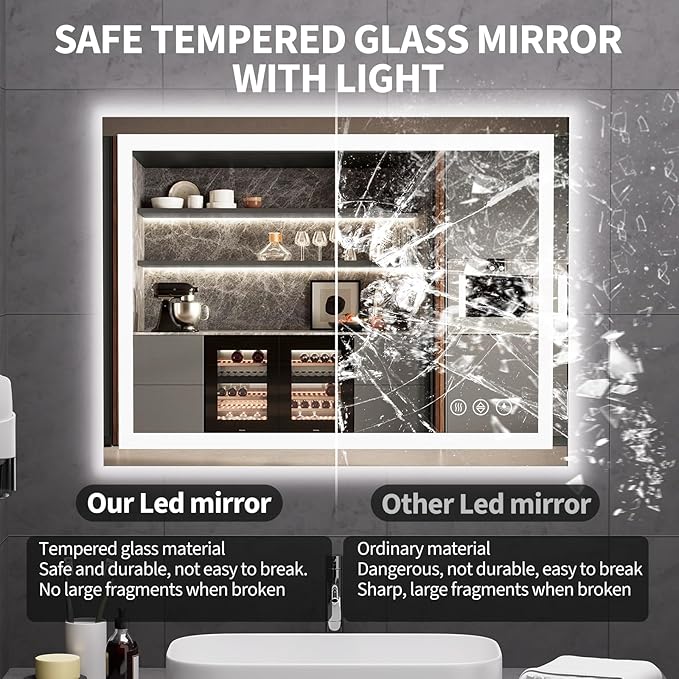 Koonmi 32x24 LED Bathroom Mirror, Backlit + Front Lit, LED Bathroom Mirror with Lights for Wall, 3 Colors, Anti-Fog, Dimmable Brightness, Memory Function, Tempered Glass