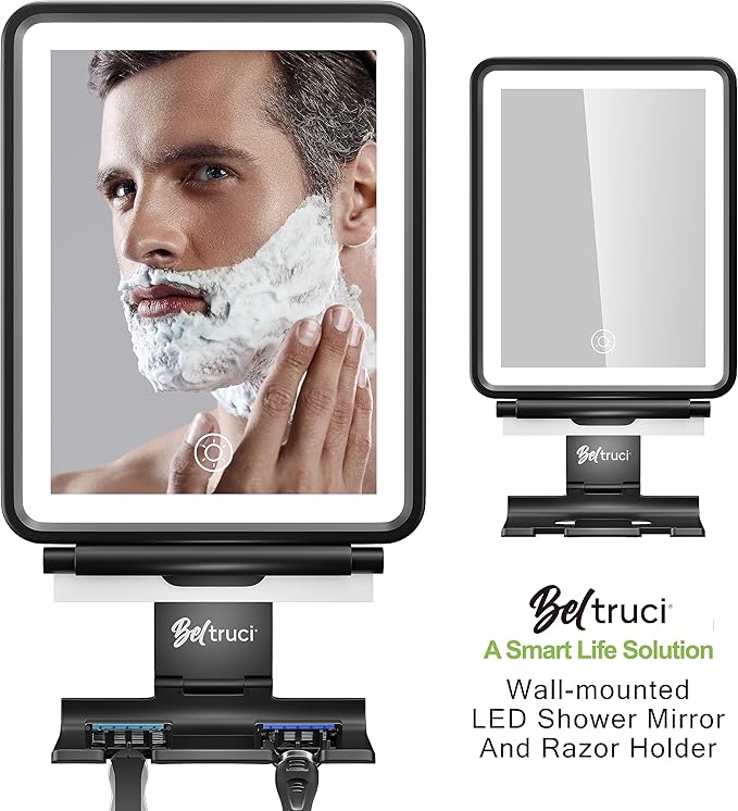 Vanity Mirror with Lights | Fogless Shower Mirror | 3 Light Lightweight Shaving Mirror with A Squeegee | Rust-Proof LED Wall Mirror | Storage Shelf for Bathroom Accessories (Black)
