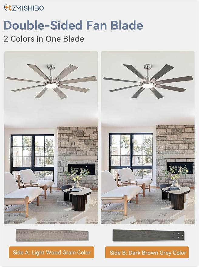 ZMISHIBO 62 inch Brushed Nickel Modern Ceiling Fan with Light and Remote, Indoor/Outdoor Industrial Ceiling Fan for Living Room Patio, 6 Speed Reversible Quiet DC Motor, 3 CCT, Dual Finish 8 Blades