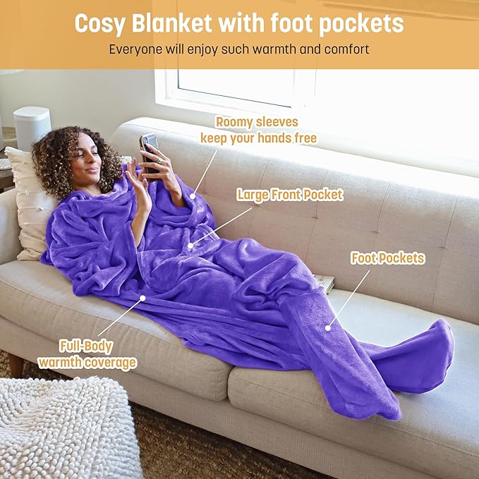 Catalonia Wearable Fleece Blanket with Sleeves and Foot Pockets for Adult Women Men, Micro Plush Comfy Wrap Sleeved Throw Blanket Robe Large, Purple