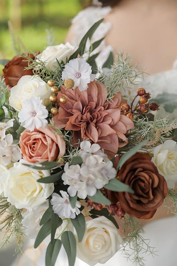 Artificial Flowers Combo Set Fake Flower Leaf for DIY Wedding Bouquets Floral Centerpieces for Tables Party Baby Shower Home Decorations(Coffee White)