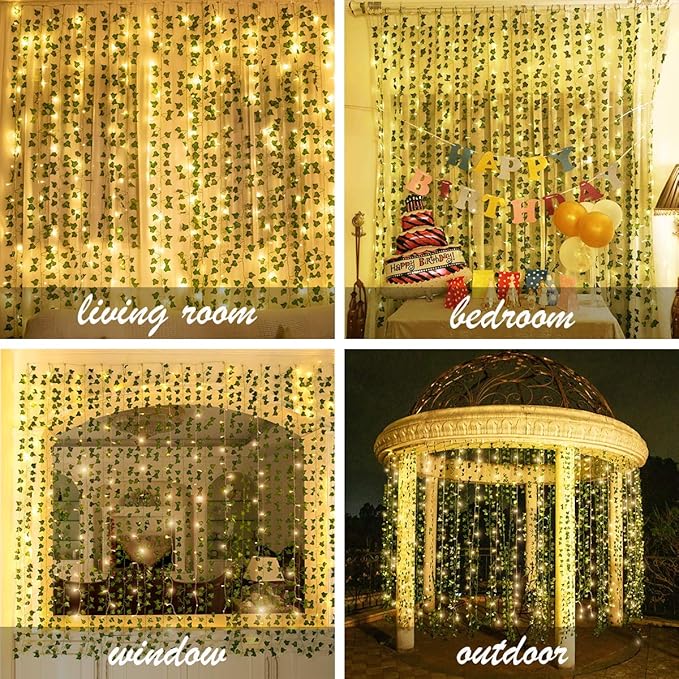 KASZOO 12 Pack Artificial Ivy Leaf Plants with 240 LED Window Curtain String Lights, Fake Plants Vine Hanging Garland, Hanging for Wall Party Wedding Room Home Kitchen Indoor & Outdoor Decoration