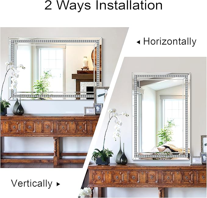 Rectangular Large Decorative Mirror for Decor, 28" X 40" Living Room Wall Mirror with Crystal Glass Frame, Beveled Unique Glamourous Elegant Design, Bathroom, Entrance, Bedroom Decor