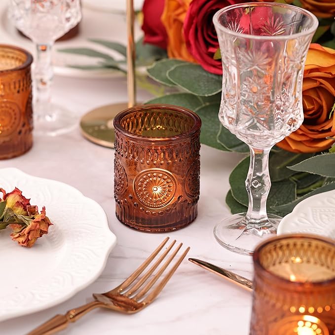 DEVI 24pcs Vintage Amber Votive Candle Holders, Amber Glass Tea Lights Candle Holder for Baby Shower, Boho Wedding Decorations, Vintage Boho Party Home Fall Centerpieces Table Decoration