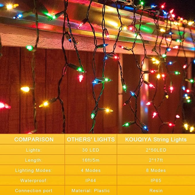 KOUQIYA Battery Operated Christmas Lights, 2 Set of 17ft 50 LED Mini String Light with Auto-Timer 8 Modes Waterproof Tree Lights (Multicolor, 50 LEDs x 2 Pack)