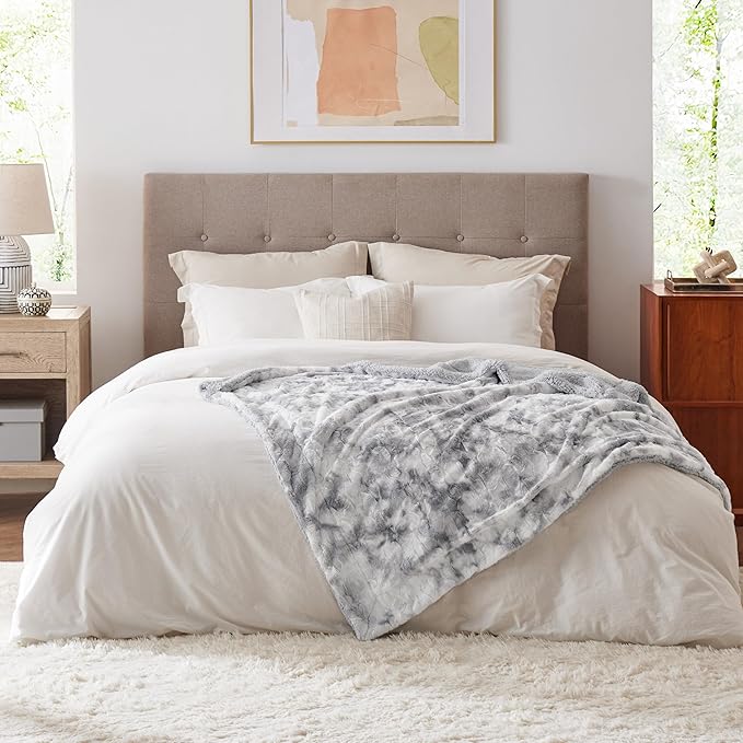 Bedsure GentleSoft Sherpa Fluffy Blanket Twin Size - Fleece Warm and Cozy Throw for Women Gift, Plush & Fuzzy Faux Fur Christmas Blanket for Couch, Bed Decor, Tie Dye Design, Light Grey, 60x80 Inches