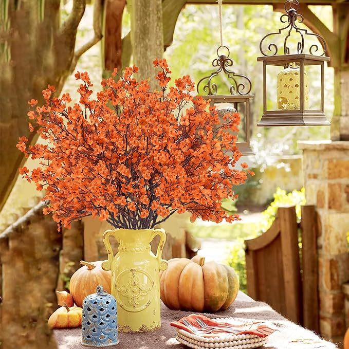 Uieke 30Pcs Artificial Fall Flowers Babys Breath Flower Bulk Fake Orange Silk Flowers Artificial Gypsophila Bouquet Floral for Home Festival Wedding Party Décor