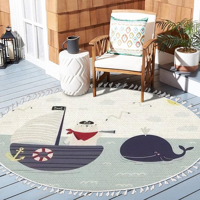 Round Boho Rug Cute Bear Pirate on a Ship Sailboat Whale Gulls Childish sea Ocean Area Rug Linen Rug Carpet Patio Rug Hallway Runner Rug Mat Pad Minimalist Home Decor for Living Room Outdoor