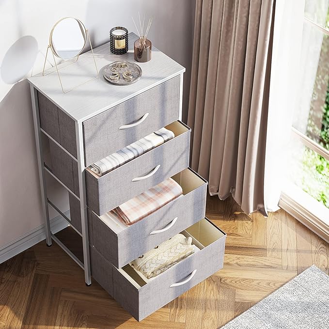 ODK Dresser for Bedroom with 4 Storage Drawers, Small Dresser Chest of Fabric Drawers with Sturdy Steel Frame, Wood Top, Light Grey