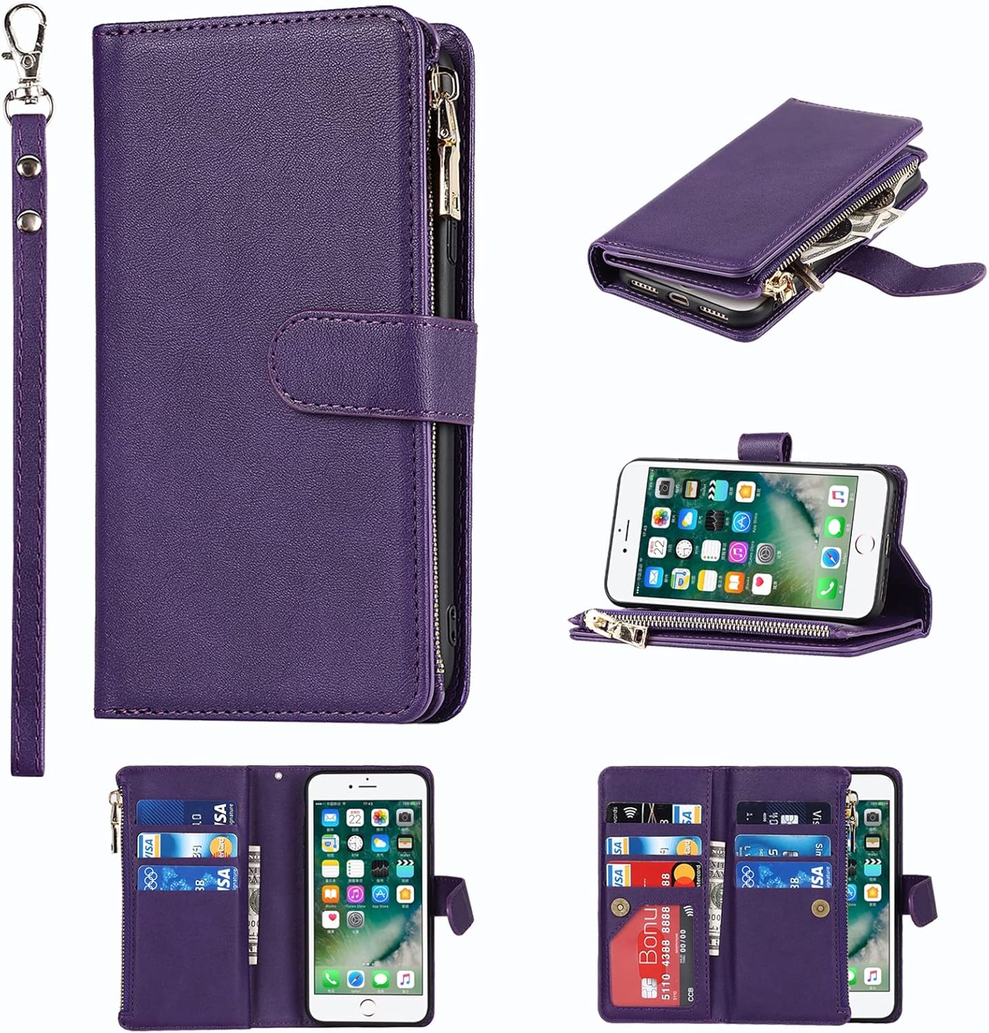 Jaorty Wallet Case for iPhone 7/8/iPhone SE 2nd 2020/iPhone SE 3rd 2022, 9 Card Slots, Zipper Cash Pocket, Purple