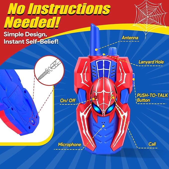 Vvinca Spider Walkie Talkies for Kids Toys Ages 3 4 5 6 7 8 9 10 Boys Girls 3 Pack Superhero Toys Lanyard Long Range Clear Sound Outdoor Game Camping Gear Spy Gadgets & Easter Christmas Birthday Gifts