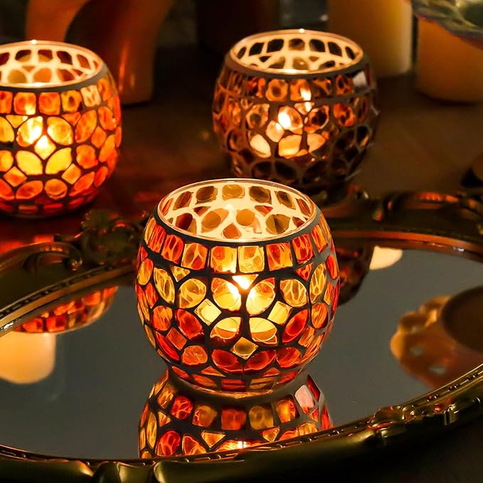 SHMILMH Mosaic Candle Holders Set of 4, Handmade Glass Tealight Votive Holders, Fall Thanksgiving Diwali Decor, Autumn Wedding Party Table Centerpiece, Brown Orange Green