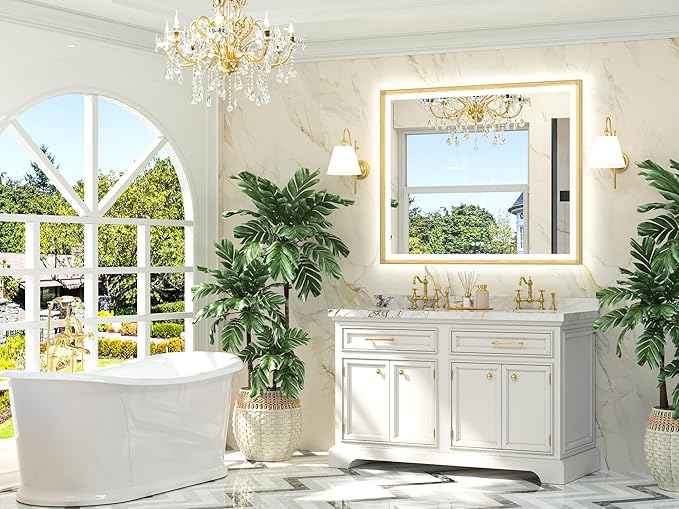 TETOTE 48x40 LED Bathroom Mirror with Lights Gold Metal Framed Front & Back Light Vanity Mirror Baroque Antifog Stepless Dimmable White/Warm/Natural,CRI90+,Waterproof,Wall Mounted(Horizontal/Vertical)