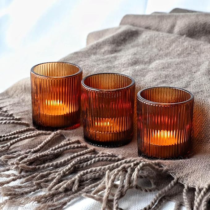 VOHO 24pcs Votive Candle Holders Bulk Wedding Centerpieces for Tables, Amber Tea Lights Candle Holder for Home/Fall Decor, Glass Ribbed Votive Candle Holder Gift Idea